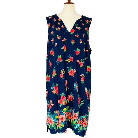 Lands End Floral Hawaiian Print Slip On Dress Sz 2X Pockets 100% Cotton Beach - Picture 1 of 8